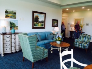 Second floor: Cool, restful blues and greens. 